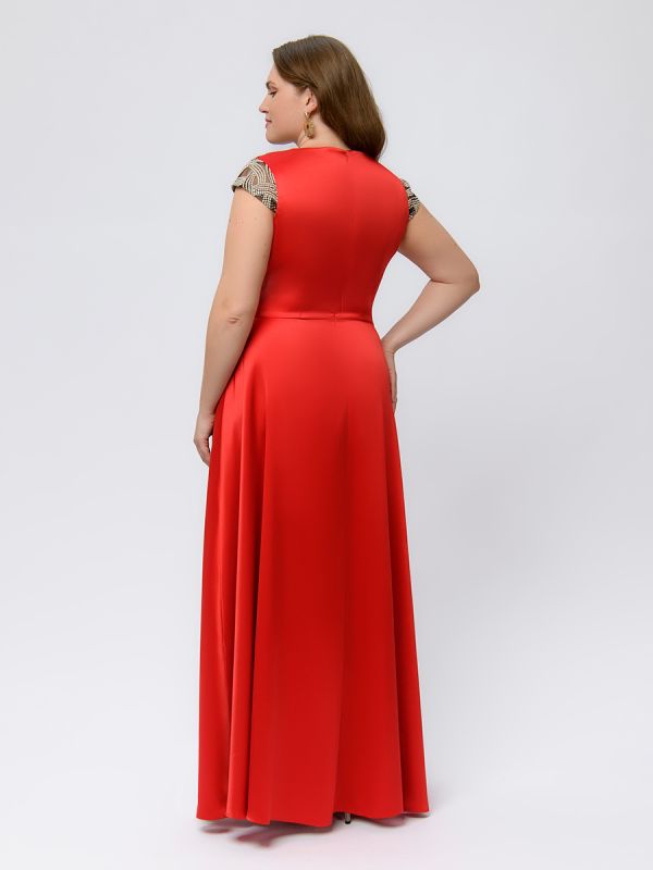 Red maxi length dress with lace and slit on skirt