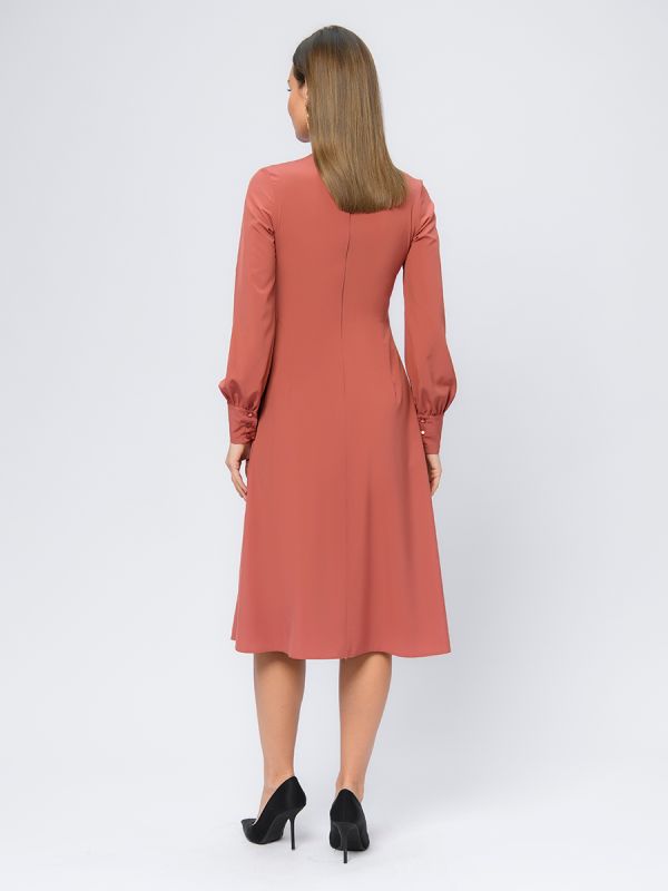 Terracotta midi length dress with slit skirt and long sleeves