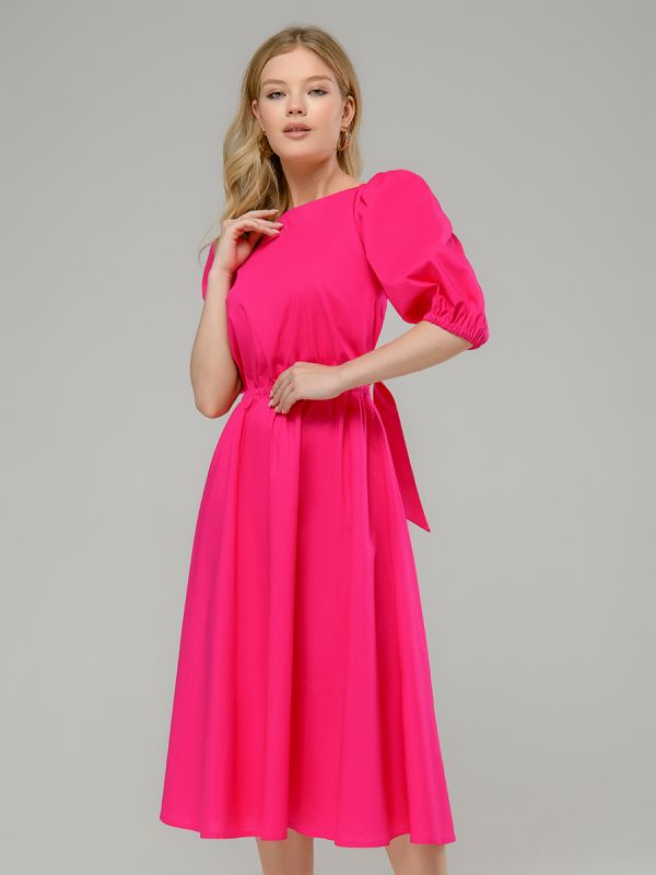 Fuchsia color dress with puffed sleeves and open back midi length