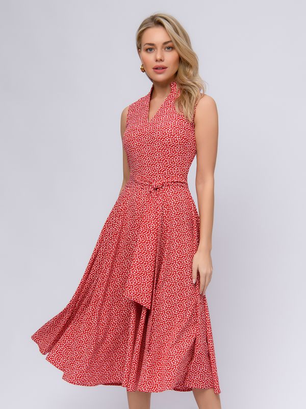 Sleeveless red print midi length dress