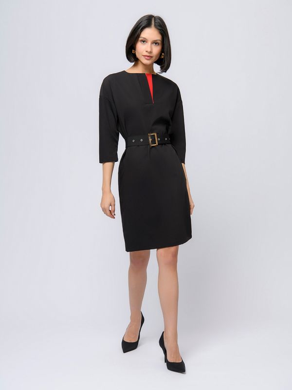 Black midi length dress with red inset and 3/4 sleeves