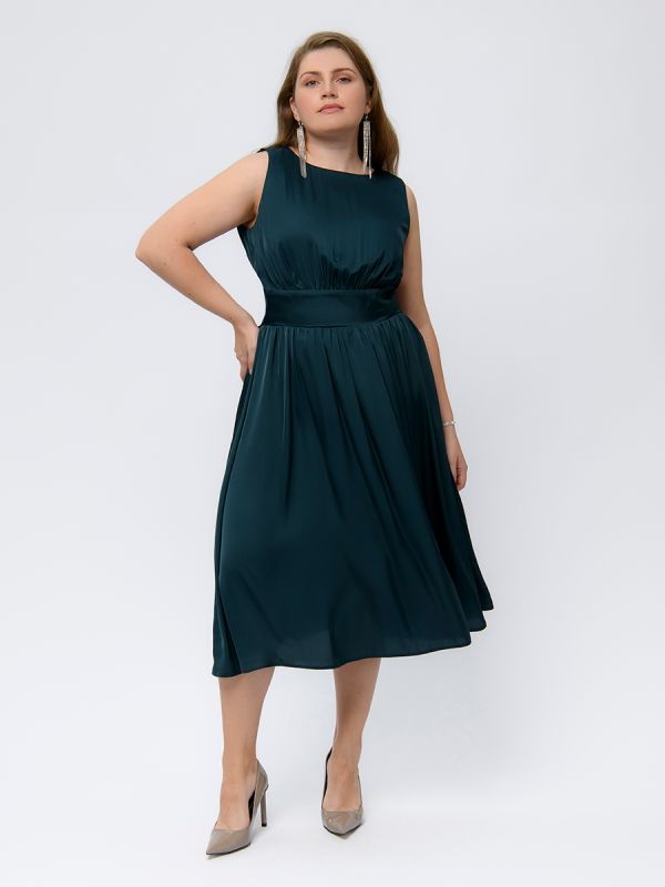 Dark green sleeveless midi length dress