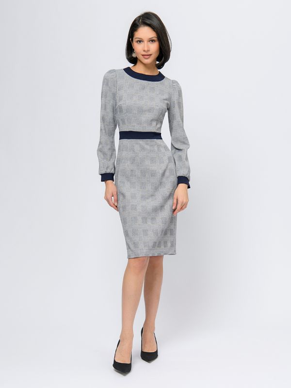 Grey dress with blue trim and long sleeves