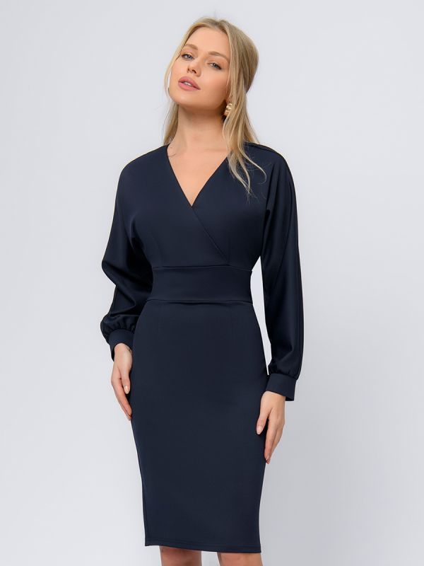 Blue knitted dress with long sleeves and deep neckline