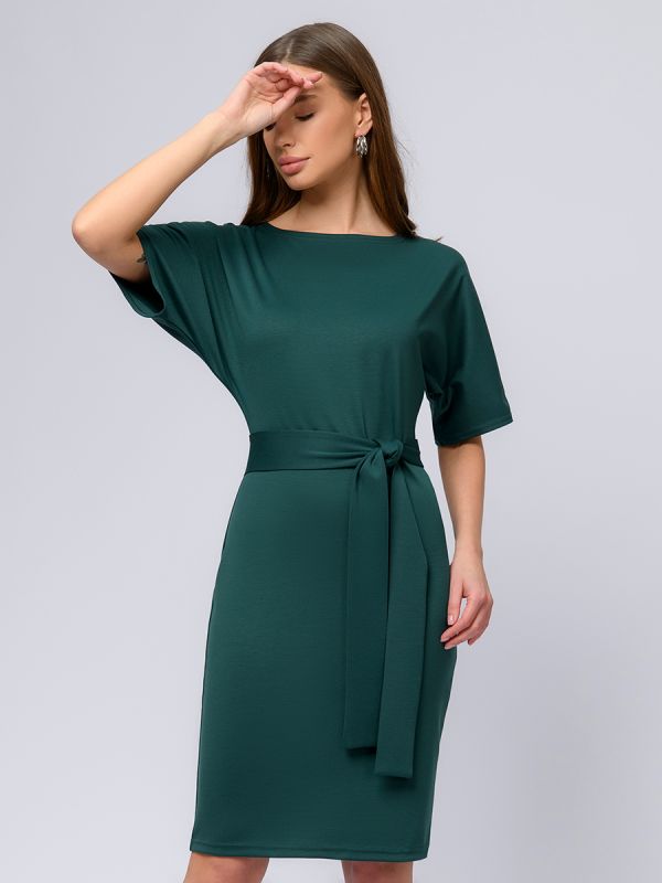 Green mini length dress with belt and batwing sleeve