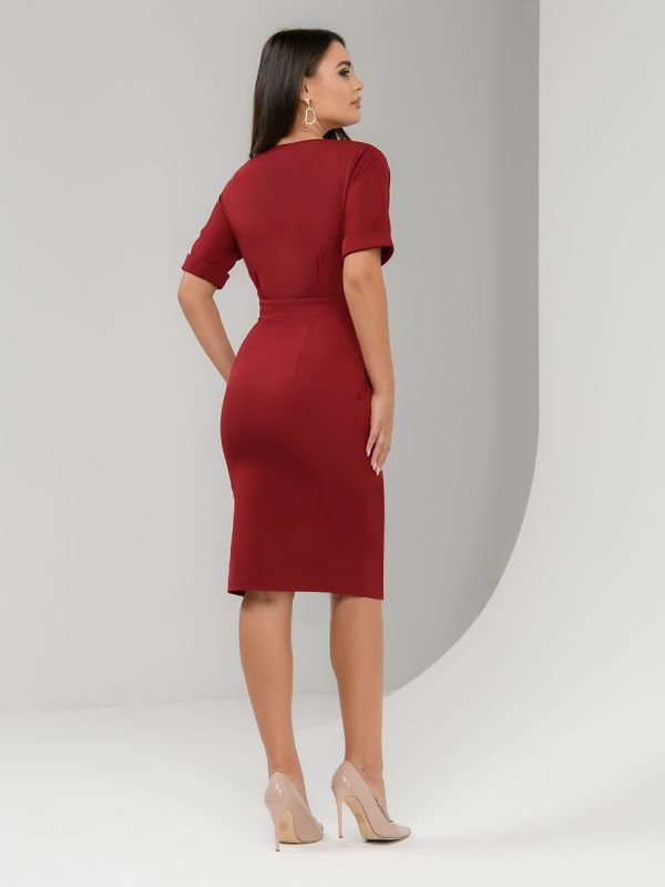 Midi length burgundy flare dress with slit skirt and 1/2 sleeves