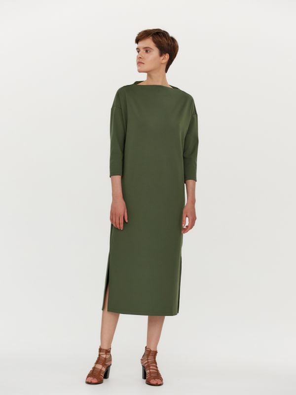 Green midi length dress with dropped shoulder and slits on the sides