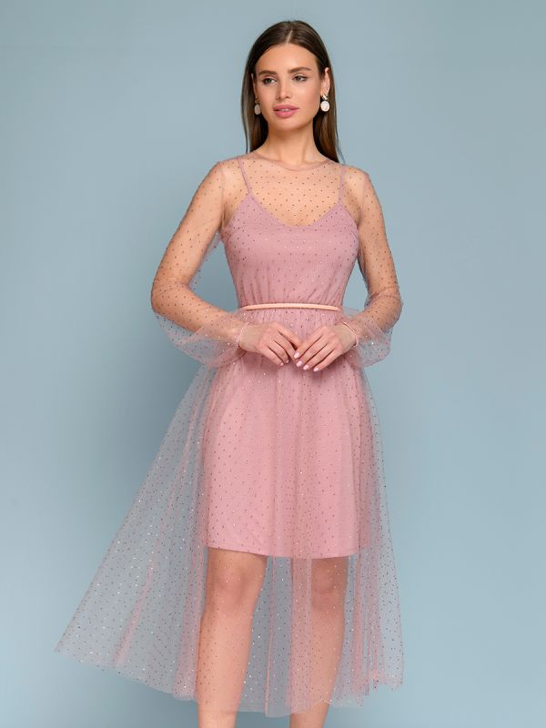 Pink midi length dress with tulle trim