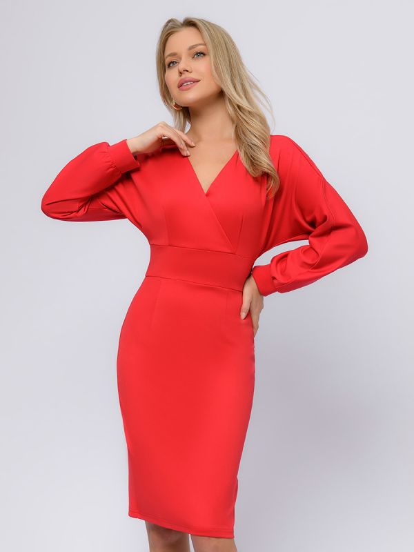 Red color knitted dress with long sleeves and deep neckline