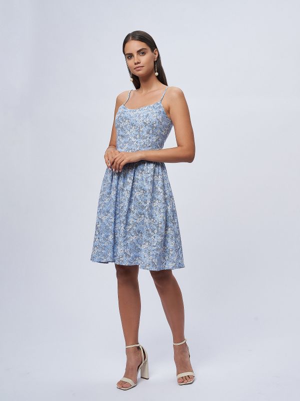 Mini length blue floral print dress with straps