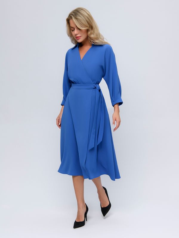 Blue midi length dress with flare and 3/4 sleeves