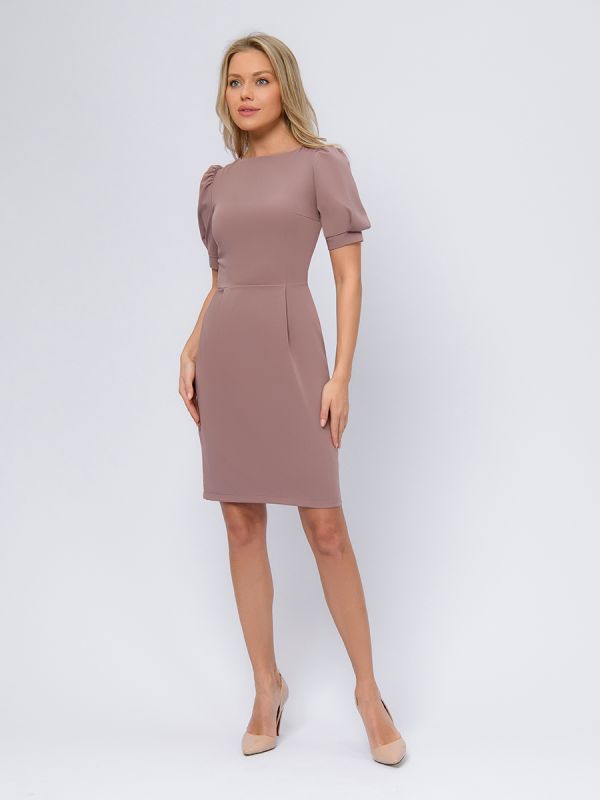 Light brown mini length dress with short sleeves