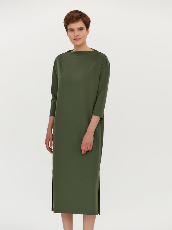 Green midi length dress with dropped shoulder and slits on the sides