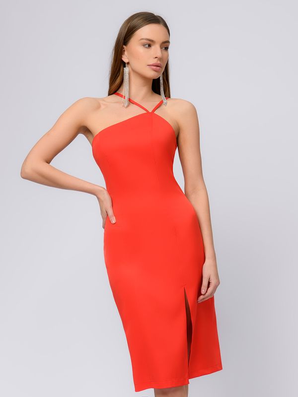 Red strappy midi length dress with slit skirt