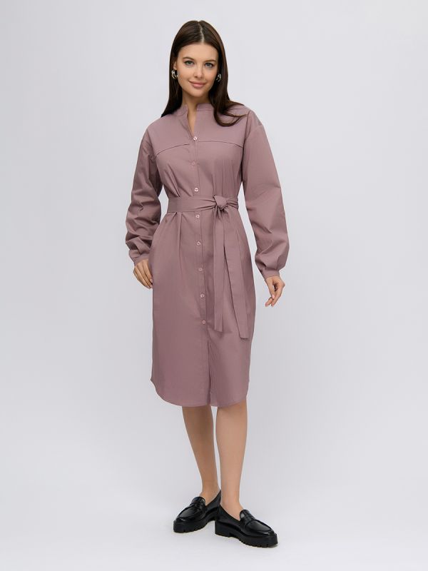 Coffee color dress with buttons and puffed sleeves