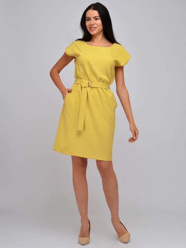 Mustard-colored mini dress with pockets and waistband