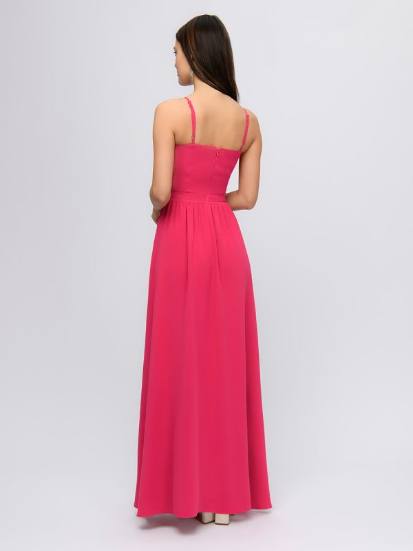 Fuchsia colored strappy maxi dress with slit skirt