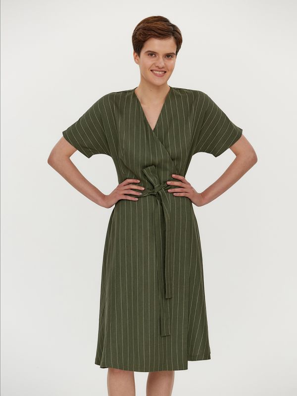 Green striped dress with a flap and short sleeves