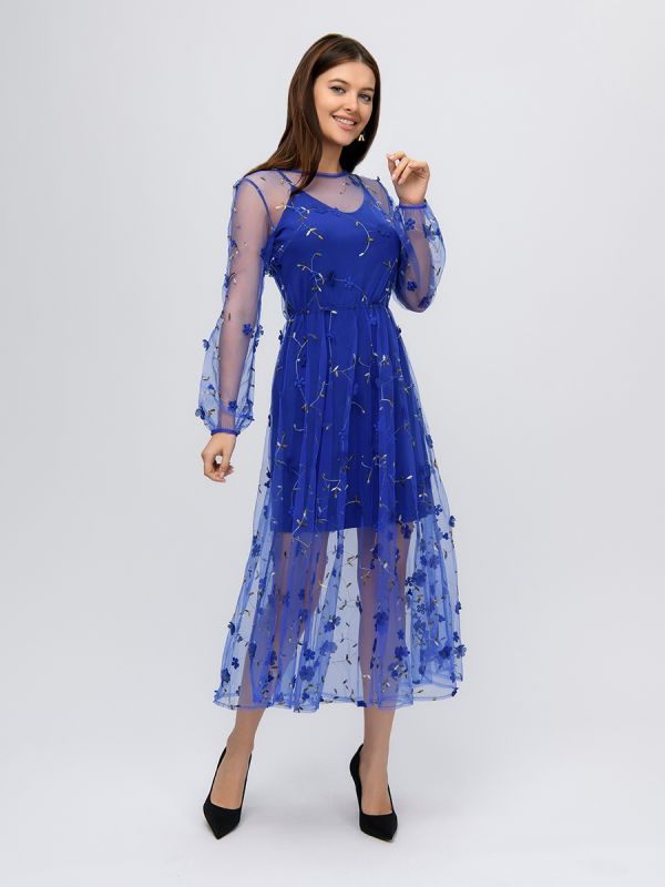 Blue midi length dress with tulle trim