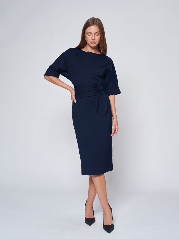 Blue midi length dress with belt and batwing sleeve