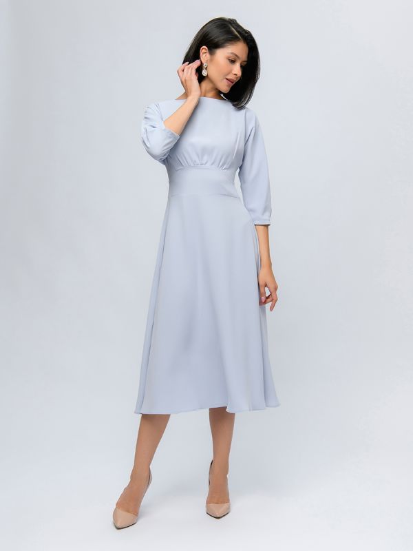 Grey-blue midi length dress with flared skirt