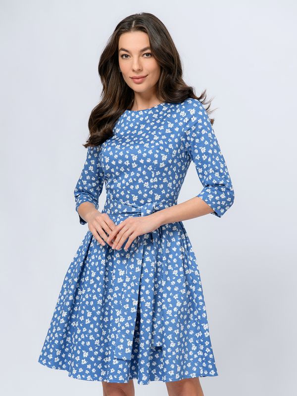 Blue mini length dress with floral print and 3/4 sleeves