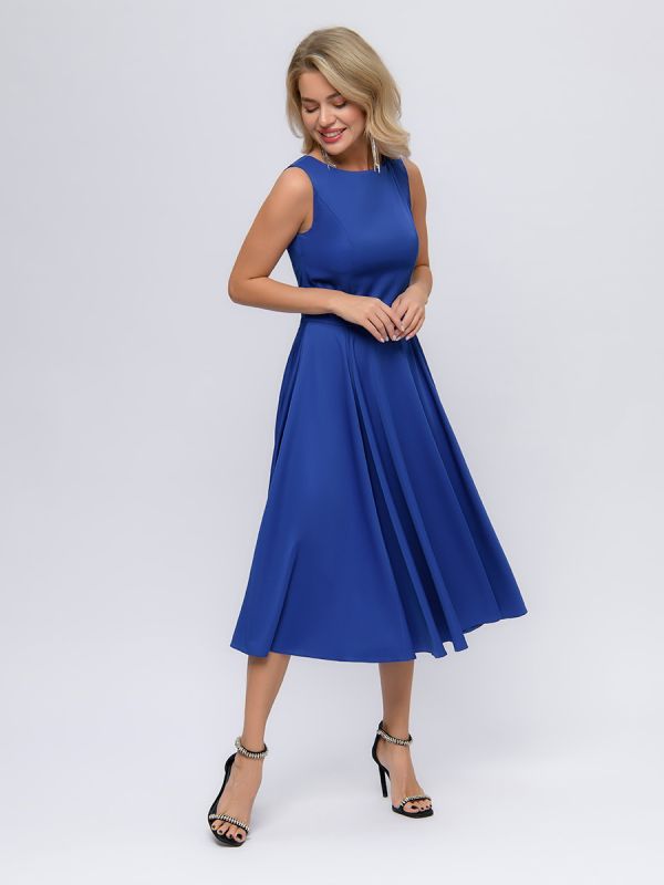 Cornflower colored midi length dress with retro style