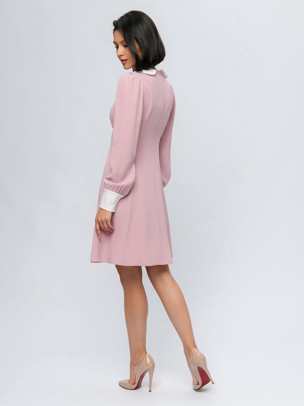 Pink colored mini length dress with stand-up collar