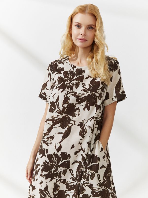 Beige print midi length dress with short sleeves and pockets