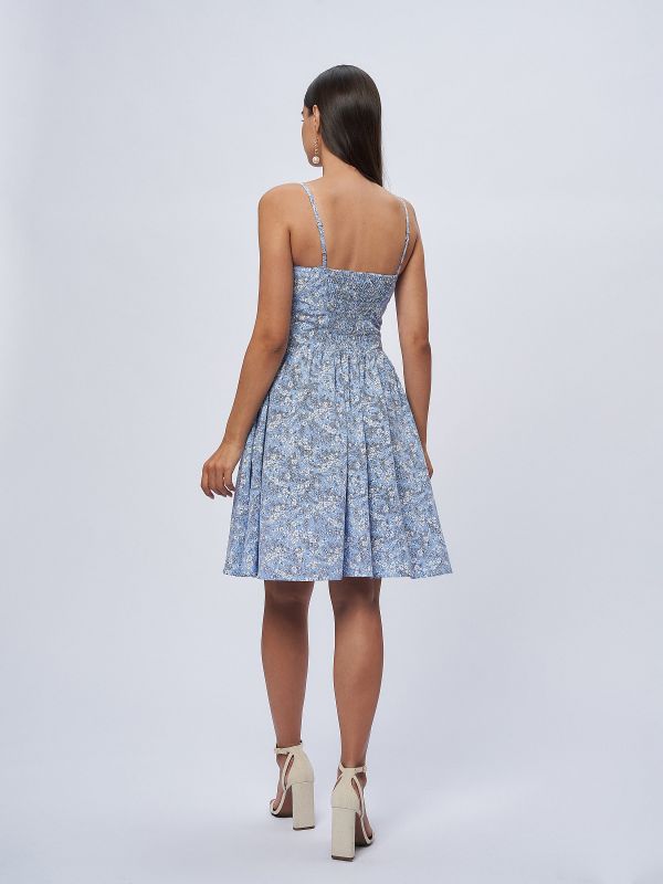 Mini length blue floral print dress with straps