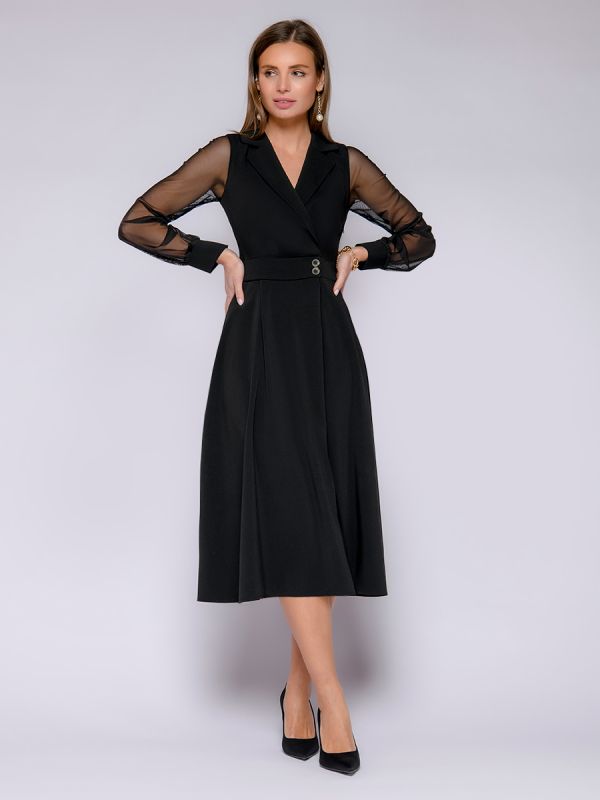 Black midi length dress with decorative belt and tulle sleeves