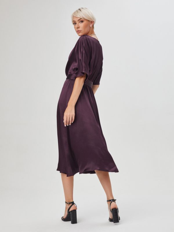 Dark purple midi length dress with short sleeves and belted waist