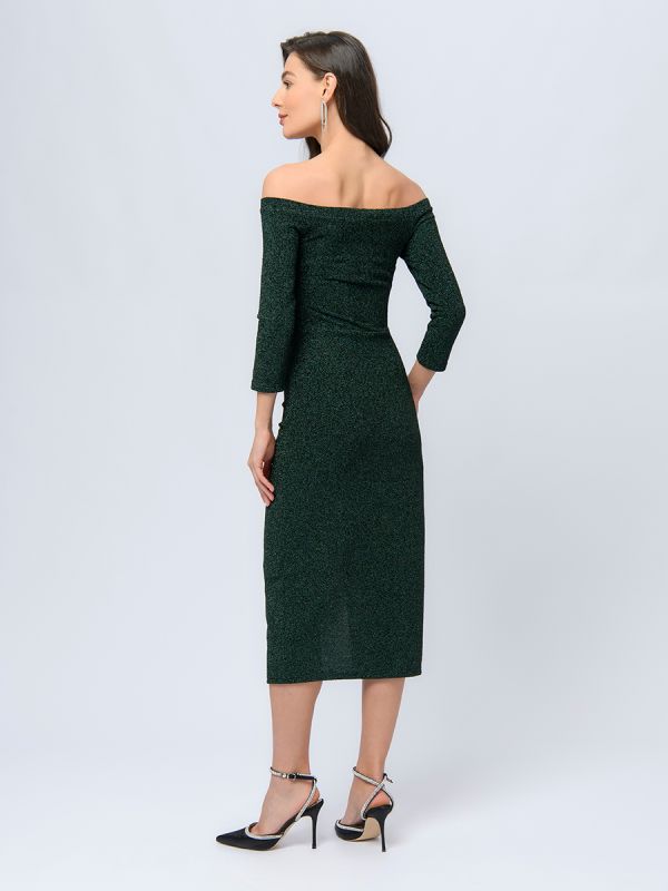 Dark green dress with open shoulders and draped skirt