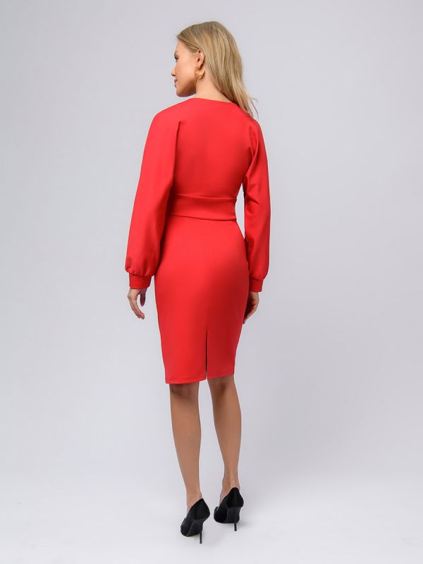 Red color knitted dress with long sleeves and deep neckline