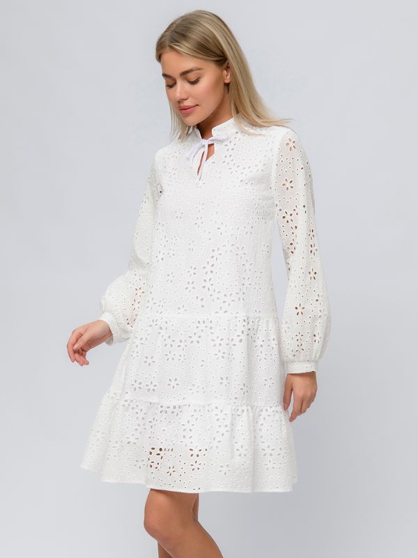 White mini length dress with long sleeves and flounce