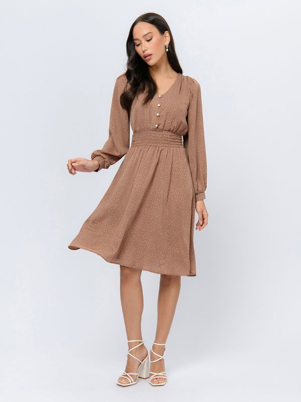 Beige polka dot midi length dress with wide elastic waist band