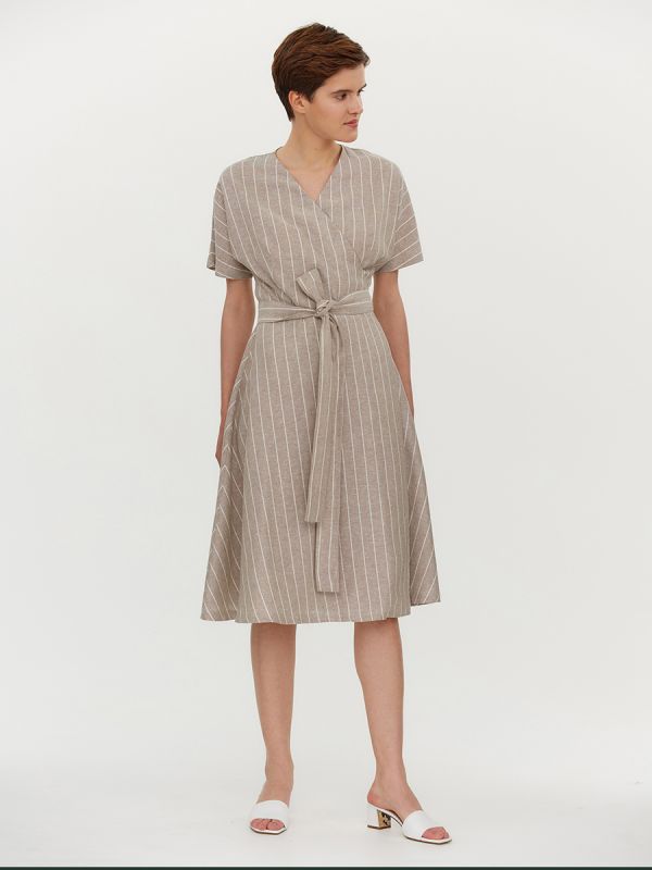 Beige striped dress with a flap and short sleeves