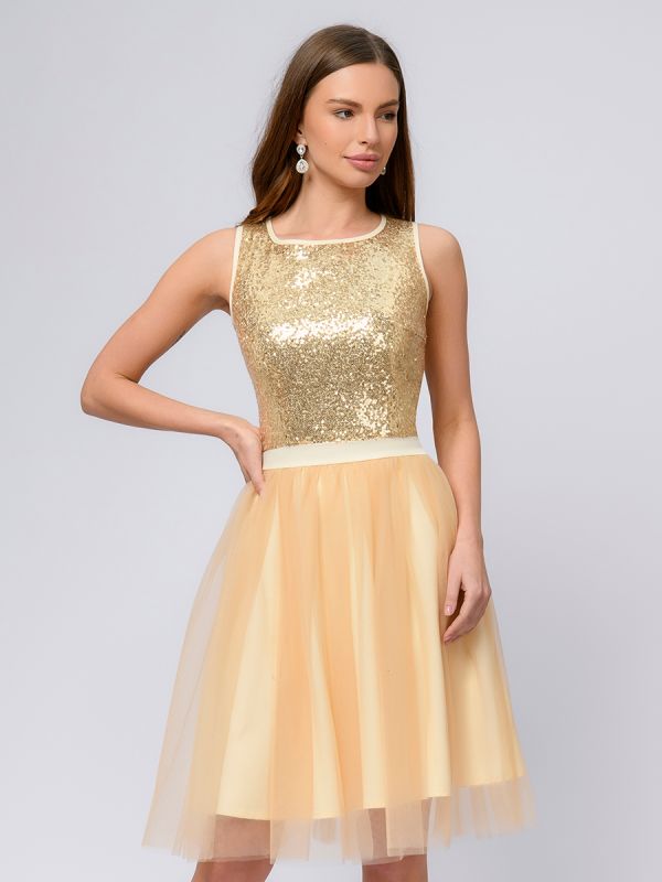 Gold colored midi length dress with sequins and tulle skirt