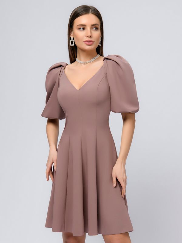 Beige mini length dress with voluminous sleeves