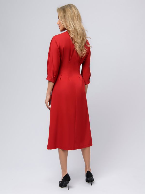 Midi length burgundy dress with stand-up collar and voluminous sleeves