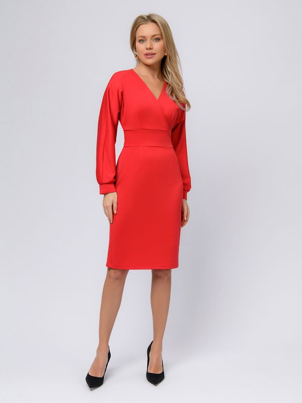 Red color knitted dress with long sleeves and deep neckline