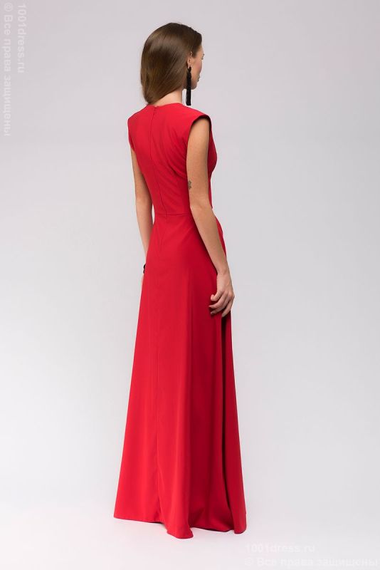 Red maxi length dress with deep neckline