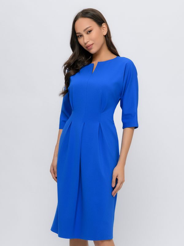 Cornflower colored midi length dress with waist cinches and 3/4 sleeves