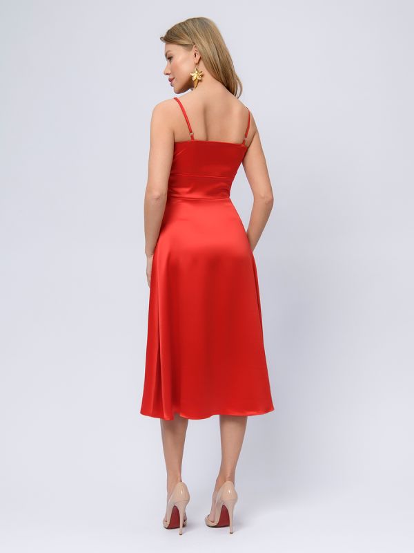 Red strappy midi length dress with deep neckline