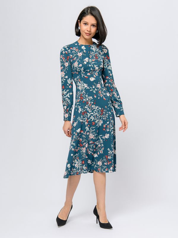 Turquoise colored midi length dress with floral print