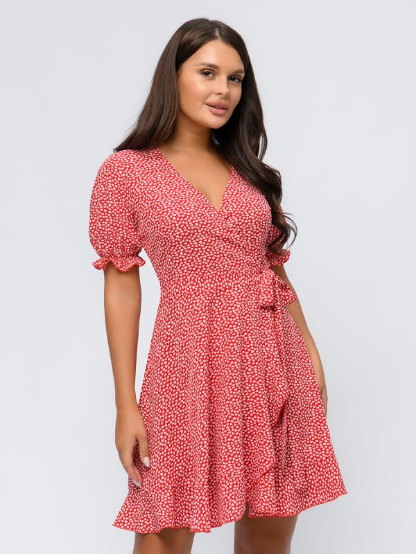 Red mini length dress with print and flare