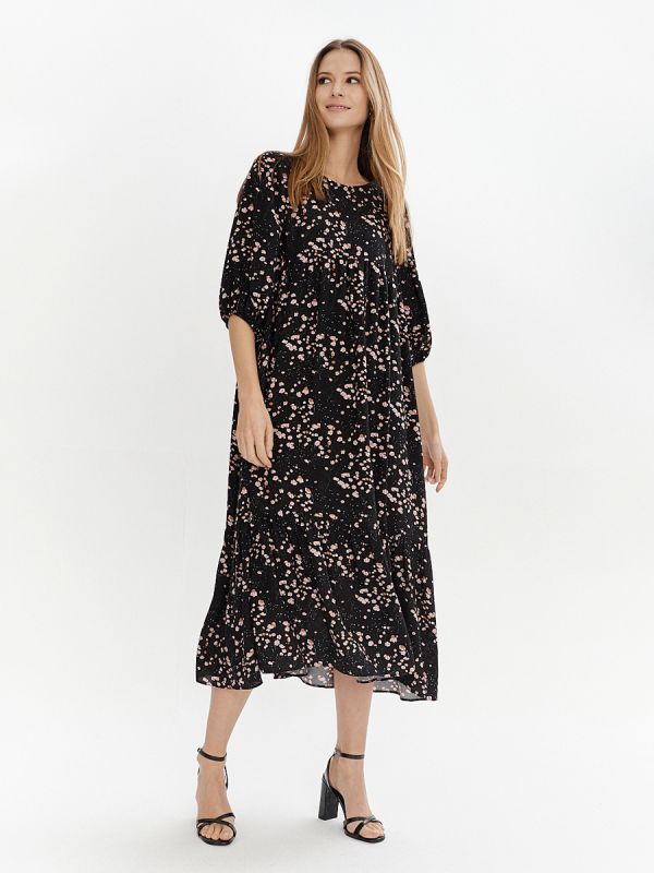 Black printed midi dress with flounce and wide sleeves