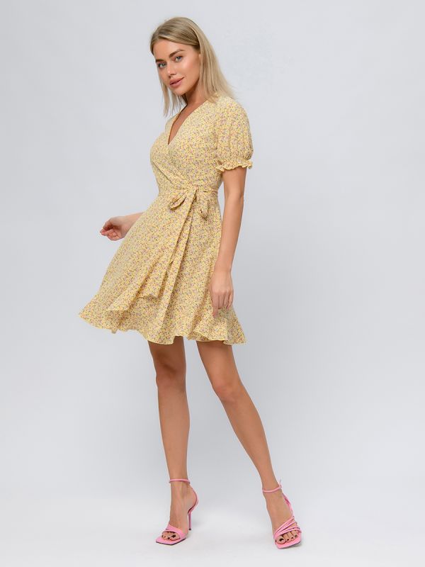 Yellow mini length dress with print and flare