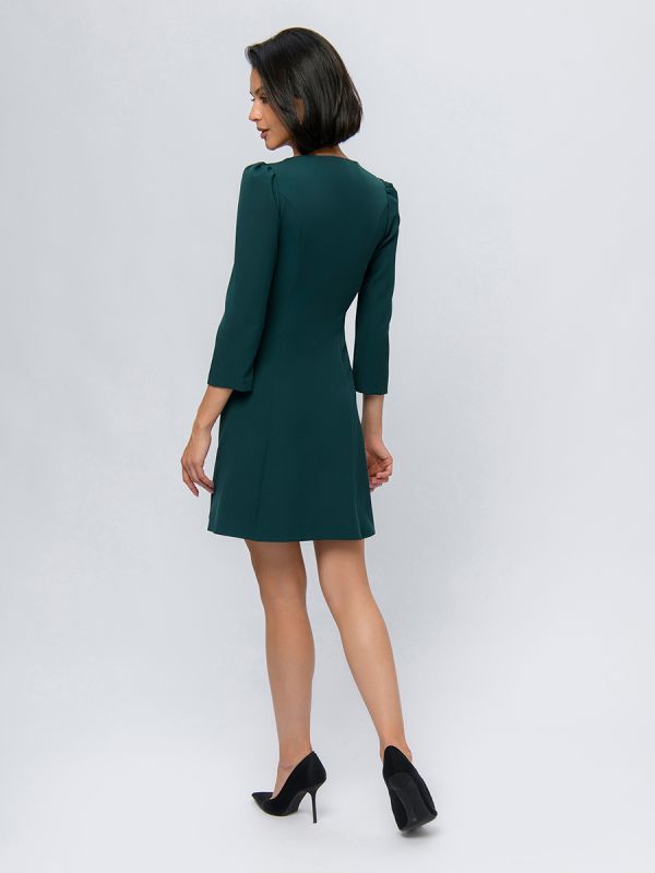 Emerald color mini length dress with 3/4 sleeves and v-neckline