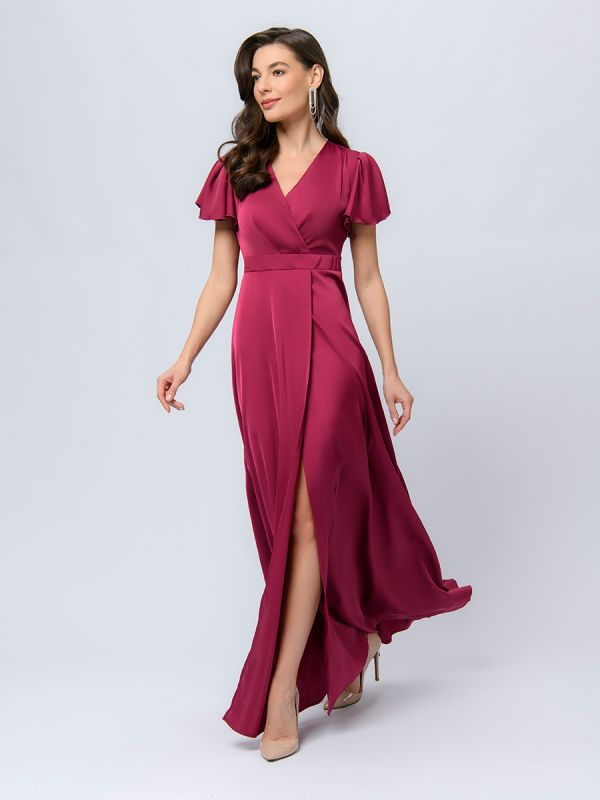 Cherry colored maxi length dress with deep neckline and shaped sleeves